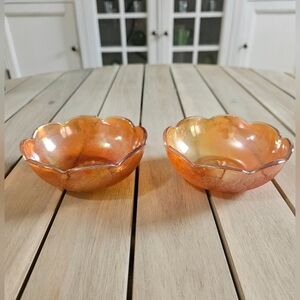 Vintage Jeanette Crackle Marigold Carnival Glass bowls with scalloped edges (2)